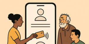 Old man and young man receiving AI enabled cards from young woman